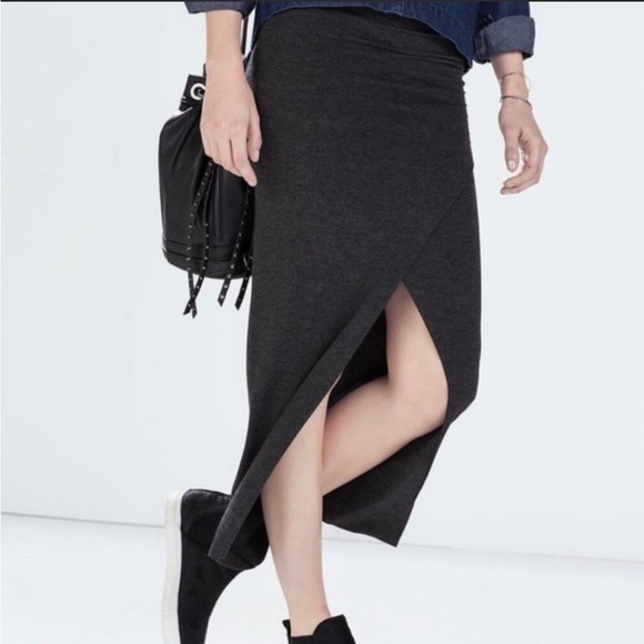 Zara Knit Linen  Skirt Charcoal Front Slit Wrap Maxi Stretch Jersey Knit Sz M - Picture 2 of 12